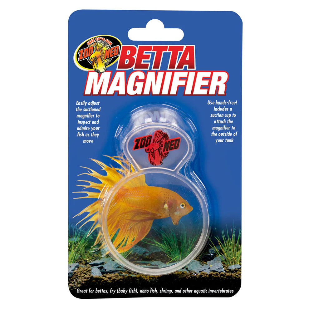 Zoo Med Betta View Magnifier attached to a nano aquarium for close-up fish viewing